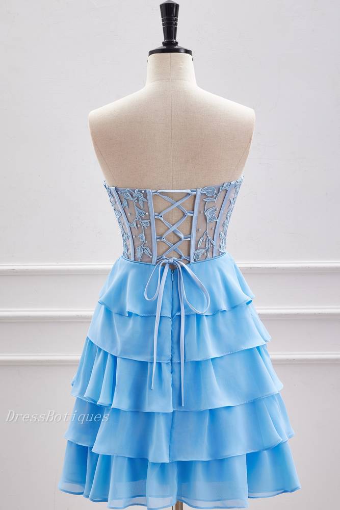 Light Blue Strapless V-Neck Short A-Line Chiffon Homecoming Dresses with Beads