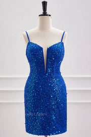 Royal Blue Deep V-Neck Spaghetti Straps Sequined Short Homecoming Dresses with Beads