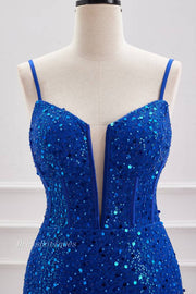 Royal Blue Deep V-Neck Spaghetti Straps Sequined Short Homecoming Dresses with Beads