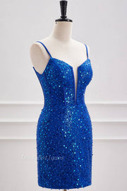 Royal Blue Deep V-Neck Spaghetti Straps Sequined Short Homecoming Dresses with Beads