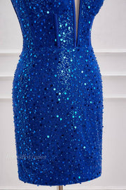 Royal Blue Deep V-Neck Spaghetti Straps Sequined Short Homecoming Dresses with Beads