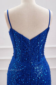 Royal Blue Deep V-Neck Spaghetti Straps Sequined Short Homecoming Dresses with Beads