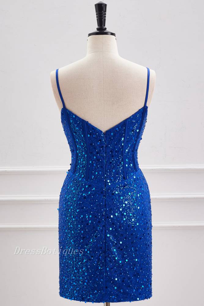 Royal Blue Deep V-Neck Spaghetti Straps Sequined Short Homecoming Dresses with Beads