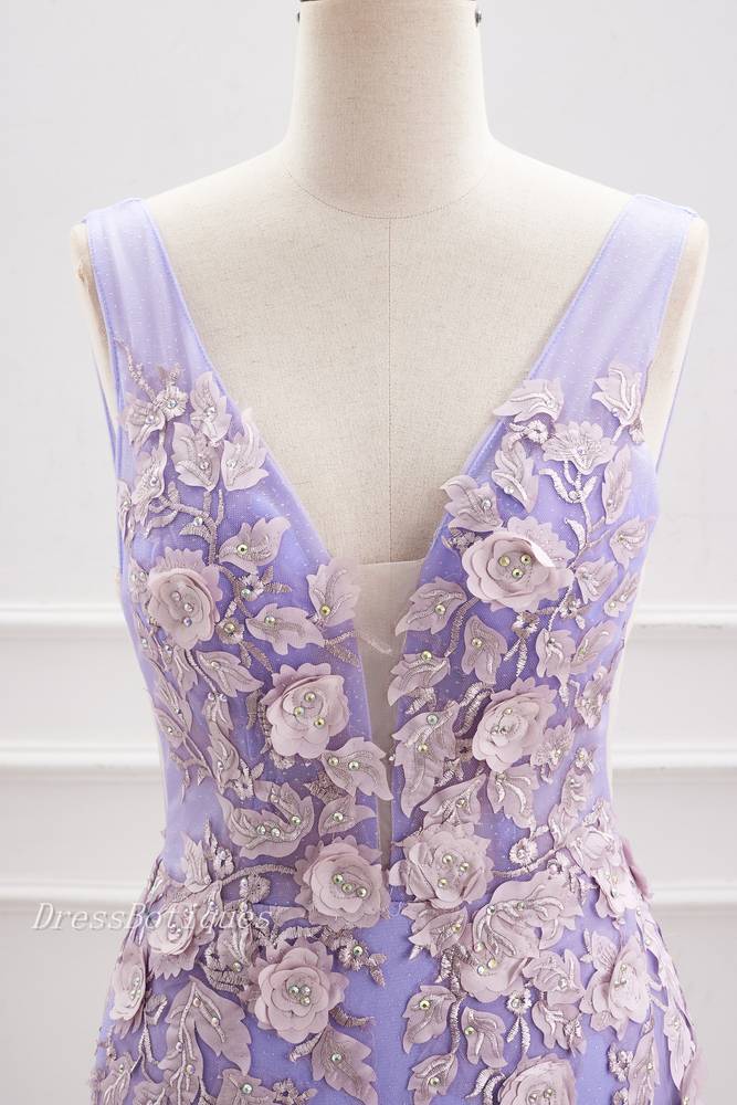 Lavender 3D Flowers V-Neck Sleeveless Bodycon Homecoming Dresses