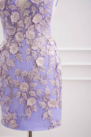 Lavender 3D Flowers V-Neck Sleeveless Bodycon Homecoming Dresses