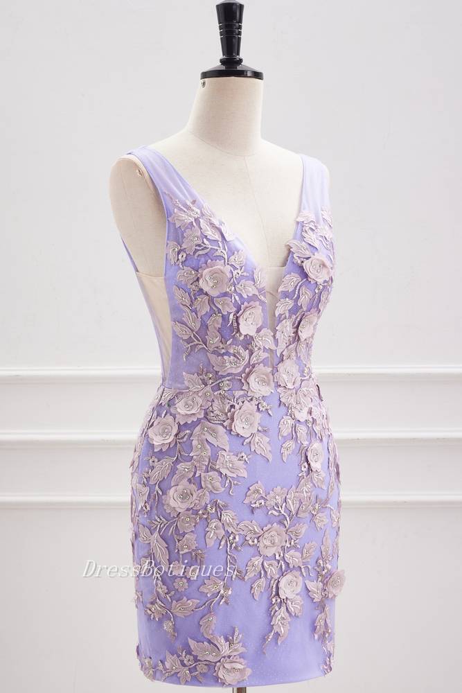 Lavender 3D Flowers V-Neck Sleeveless Bodycon Homecoming Dresses