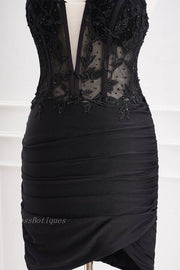 Black Deep V-Neck Halter Bodycon Lace Satin Homecoming Dresses with Beads