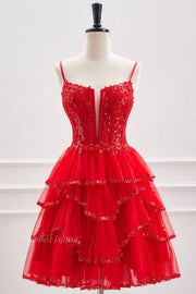 Red Spaghetti Straps Sequined A-Line Short Tulle Homecoming Dresses