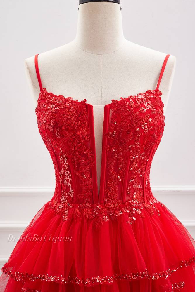 Red Spaghetti Straps Sequined A-Line Short Tulle Homecoming Dresses