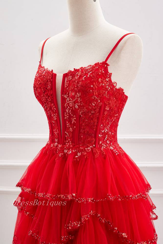 Red Spaghetti Straps Sequined A-Line Short Tulle Homecoming Dresses