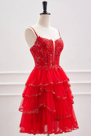 Red Spaghetti Straps Sequined A-Line Short Tulle Homecoming Dresses