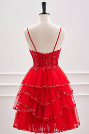 Red Spaghetti Straps Sequined A-Line Short Tulle Homecoming Dresses