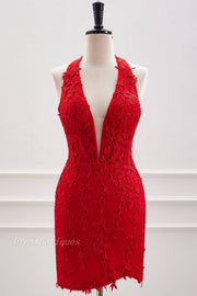 Red Halter Bodycon Homecoming Dresses with Appliques