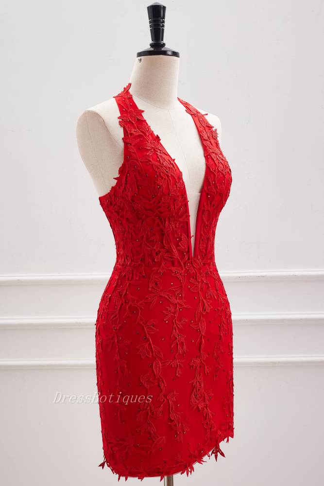 Red Halter Bodycon Homecoming Dresses with Appliques