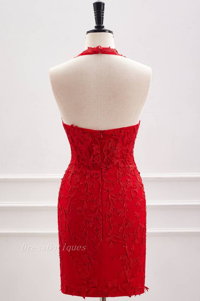 Red Halter Bodycon Homecoming Dresses with Appliques