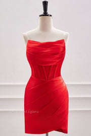 Red Strapless Pleated Bodycon Short Satin Homecoming Dresses