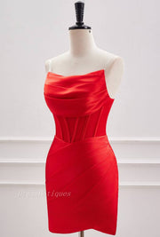 Red Strapless Pleated Bodycon Short Satin Homecoming Dresses