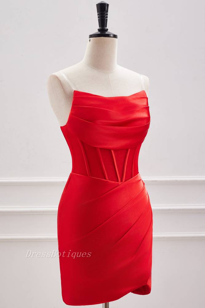 Red Strapless Pleated Bodycon Short Satin Homecoming Dresses