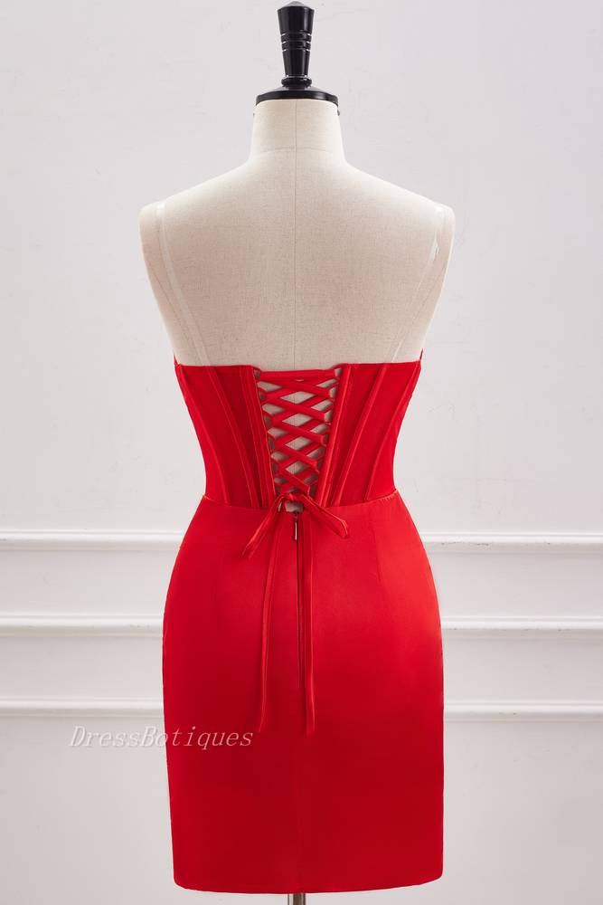 Red Strapless Pleated Bodycon Short Satin Homecoming Dresses