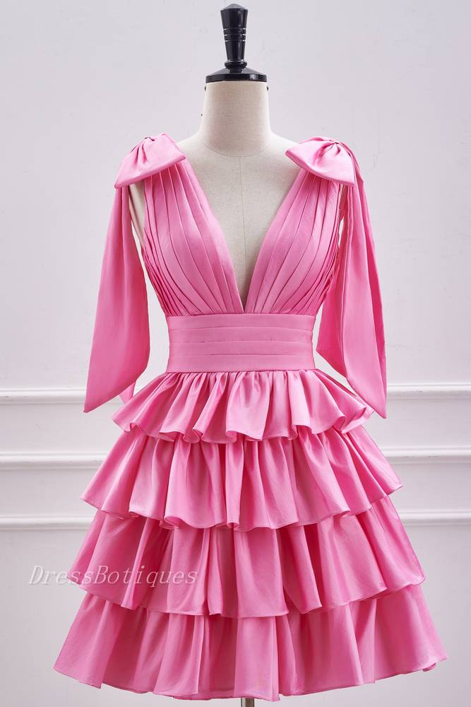 Pink V-Neck Sleeveless A-Line Short Satin Homecoming Dresses with Ruffles