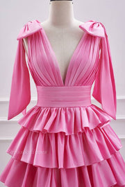 Pink V-Neck Sleeveless A-Line Short Satin Homecoming Dresses with Ruffles