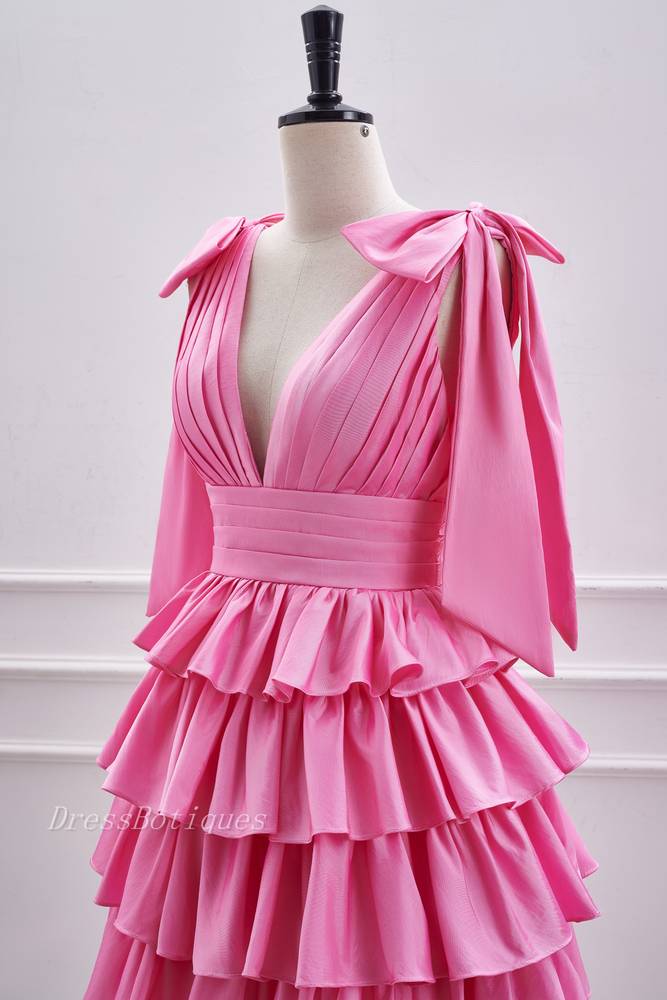 Pink V-Neck Sleeveless A-Line Short Satin Homecoming Dresses with Ruffles