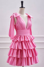 Pink V-Neck Sleeveless A-Line Short Satin Homecoming Dresses with Ruffles