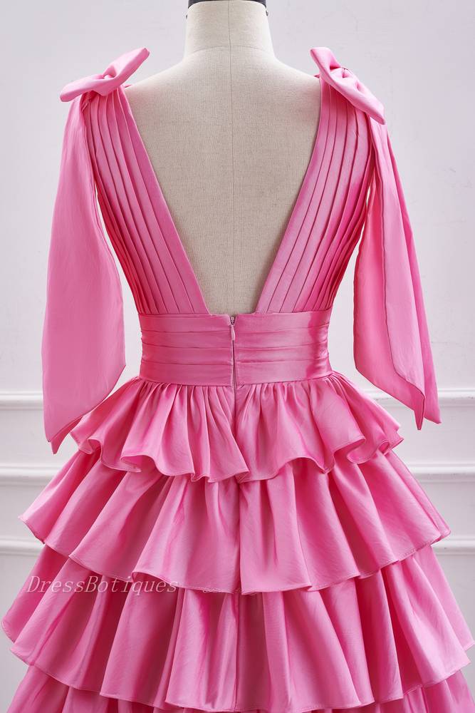 Pink V-Neck Sleeveless A-Line Short Satin Homecoming Dresses with Ruffles