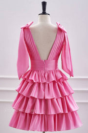 Pink V-Neck Sleeveless A-Line Short Satin Homecoming Dresses with Ruffles