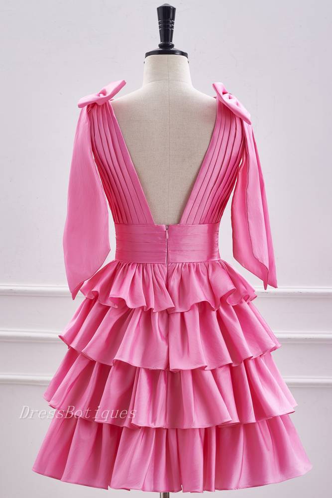 Pink V-Neck Sleeveless A-Line Short Satin Homecoming Dresses with Ruffles