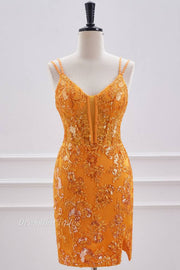 Turmeric V-Neck Spaghetti Straps Bodycon Sequined Short Homecoming Dresses