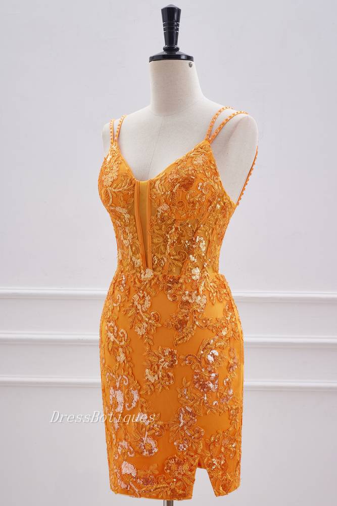 Turmeric V-Neck Spaghetti Straps Bodycon Sequined Short Homecoming Dresses