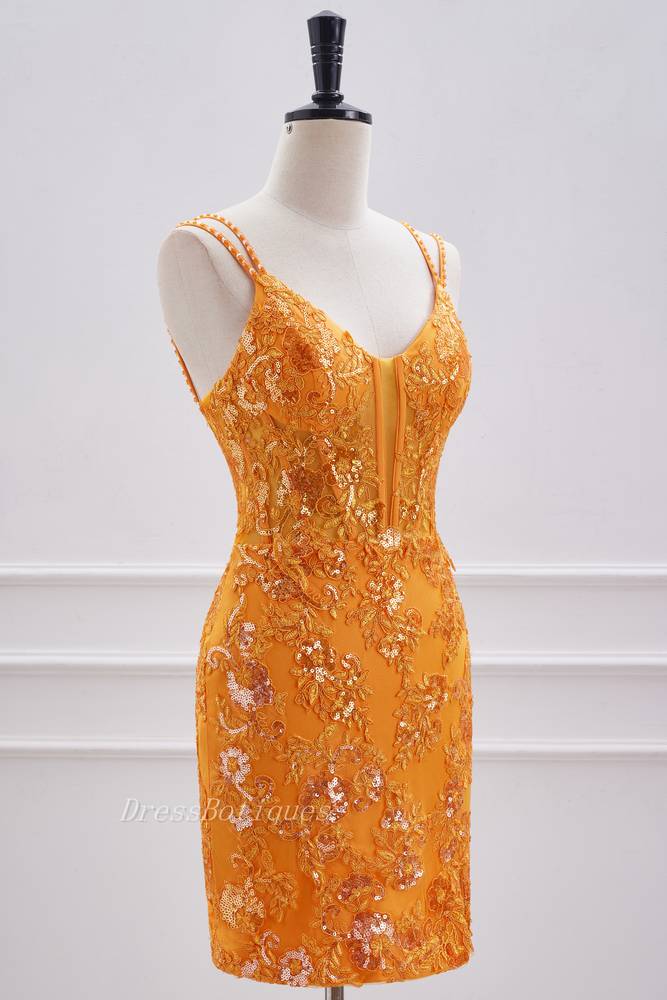 Turmeric V-Neck Spaghetti Straps Bodycon Sequined Short Homecoming DressesSide