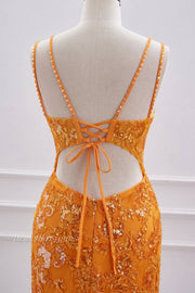 Turmeric V-Neck Spaghetti Straps Bodycon Sequined Short Homecoming Dresses