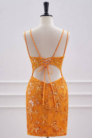 Turmeric V-Neck Spaghetti Straps Bodycon Sequined Short Homecoming Dresses