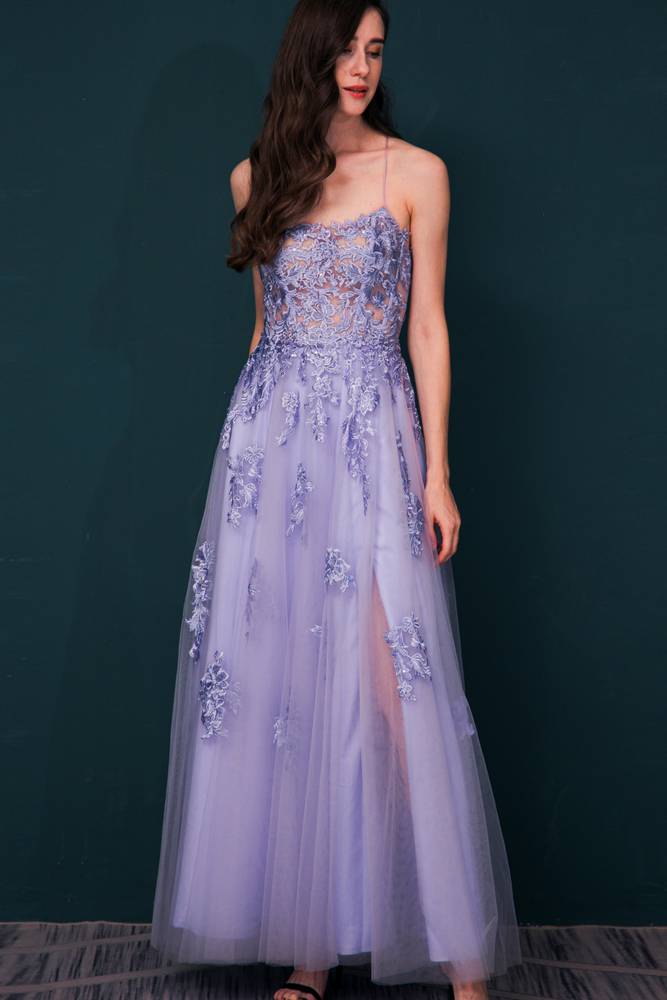 Lavender Spaghetti Straps A-Line Tulle Prom Dresses Ankle-Length with Slit