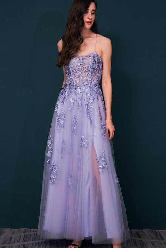 Lavender Sexy Spaghetti Strap Floral Embroidered Tulle Prom Dress