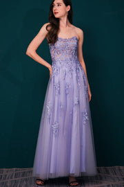 Lavender Spaghetti Straps A-Line Tulle Prom Dresses Ankle-Length with Slit