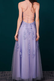 Lavender Spaghetti Straps A-Line Tulle Prom Dresses Ankle-Length with Slit