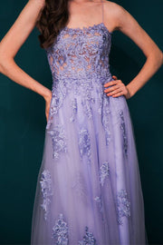 Lavender Spaghetti Straps A-Line Tulle Prom Dresses Ankle-Length with Slit