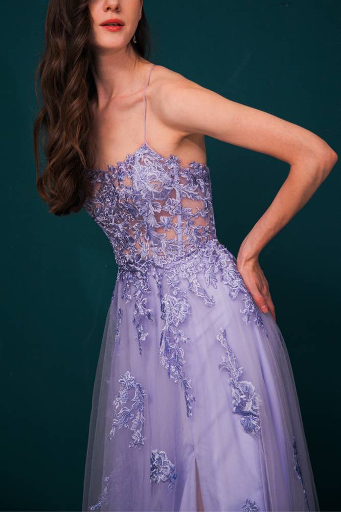 Lavender Spaghetti Straps A-Line Tulle Prom Dresses Ankle-Length with Slit