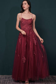 Burgundy Spaghetti Straps A-Line Tulle Prom Dresses Ankle-Length with Slit