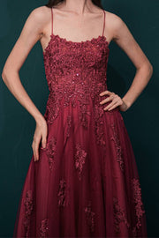 Burgundy Spaghetti Straps A-Line Tulle Prom Dresses Ankle-Length with Slit