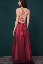 Burgundy Spaghetti Straps A-Line Tulle Prom Dresses Ankle-Length with Slit