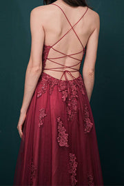 Burgundy Spaghetti Straps A-Line Tulle Prom Dresses Ankle-Length with Slit