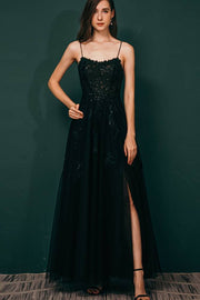 Spaghetti Straps A-Line Tulle Prom Dresses Ankle-Length with Slit