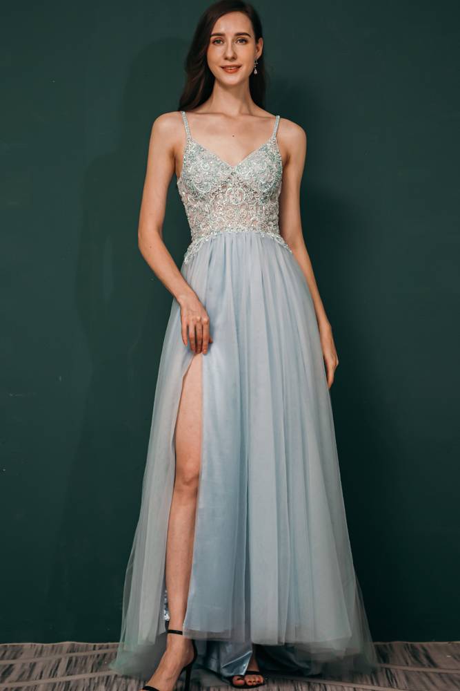 Hi-Lo V-Neck Split Front Tulle A-Line Prom Dresses Lace Spaghetti Straps 