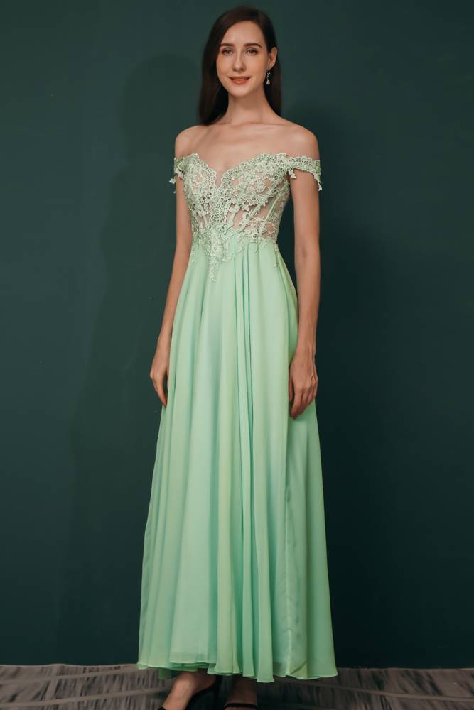 Off-The-Shoulder Ankle-Length A-Line Chiffon Lace Bridesmaid Dresses