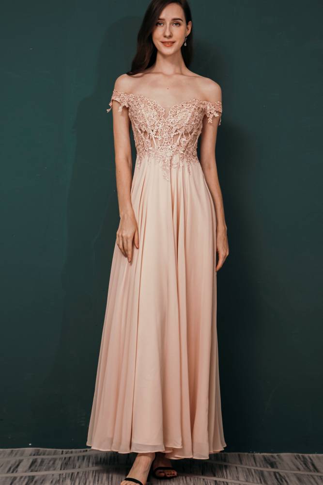 Pink Off-The-Shoulder Ankle-Length A-Line Chiffon Lace Bridesmaid Dresses