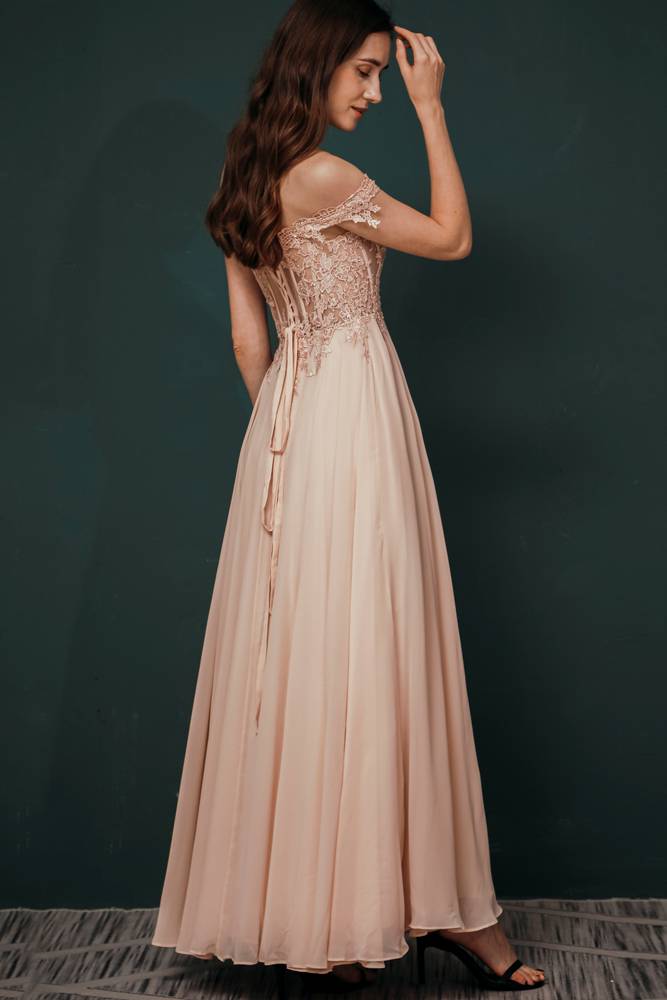 Pink Off-The-Shoulder Ankle-Length A-Line Chiffon Lace Bridesmaid Dresses